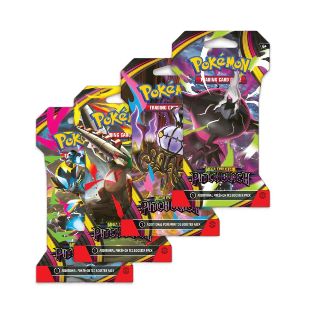 Three Pokemon trading card packs on a white background