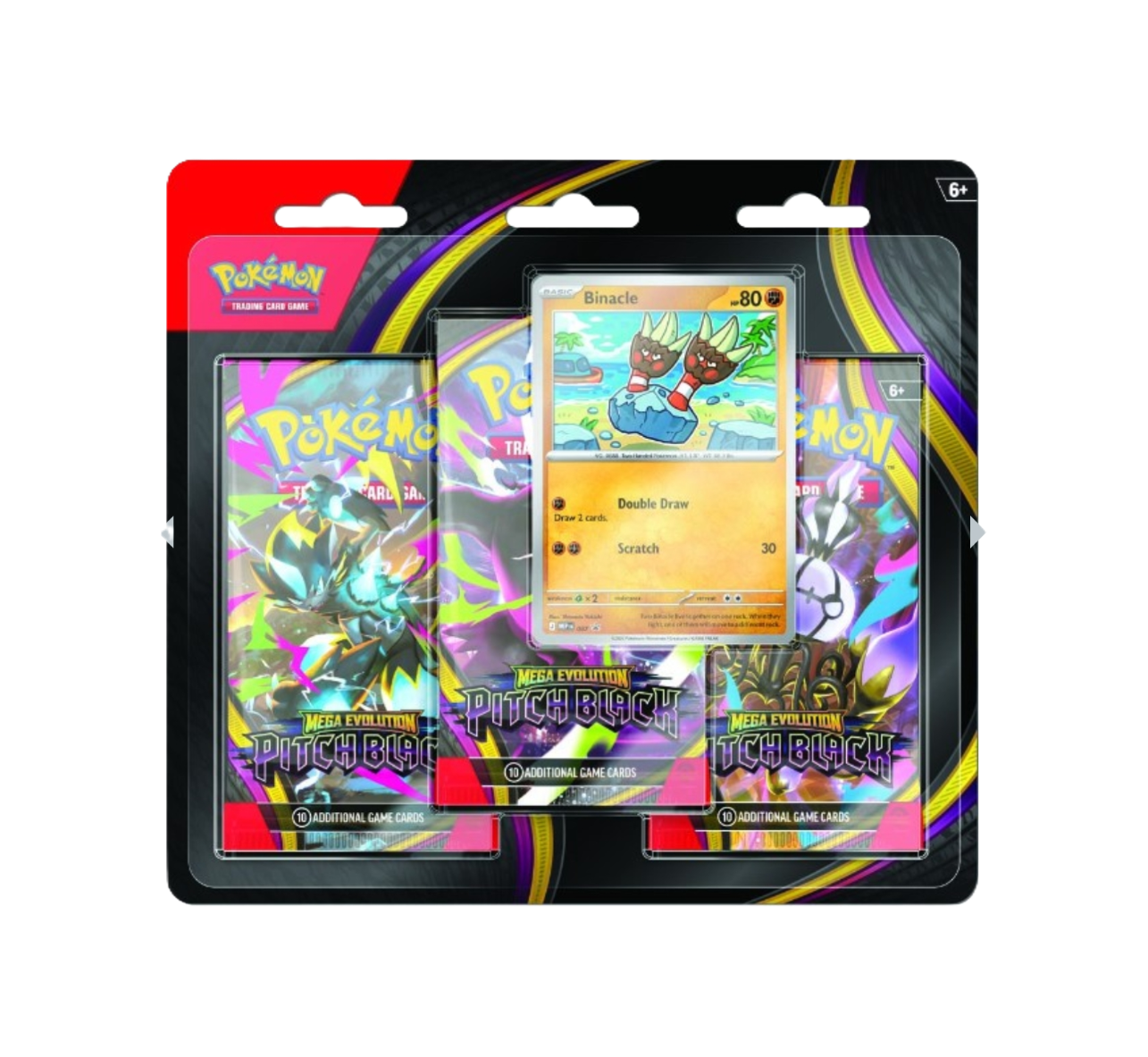 Pokémon trading card game packaging with cards and display stand.