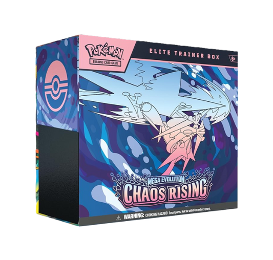 Pokémon Trading Card Game Elite Trainer Box with Mega Evolution Chaos Rising design on a blue and pink background.