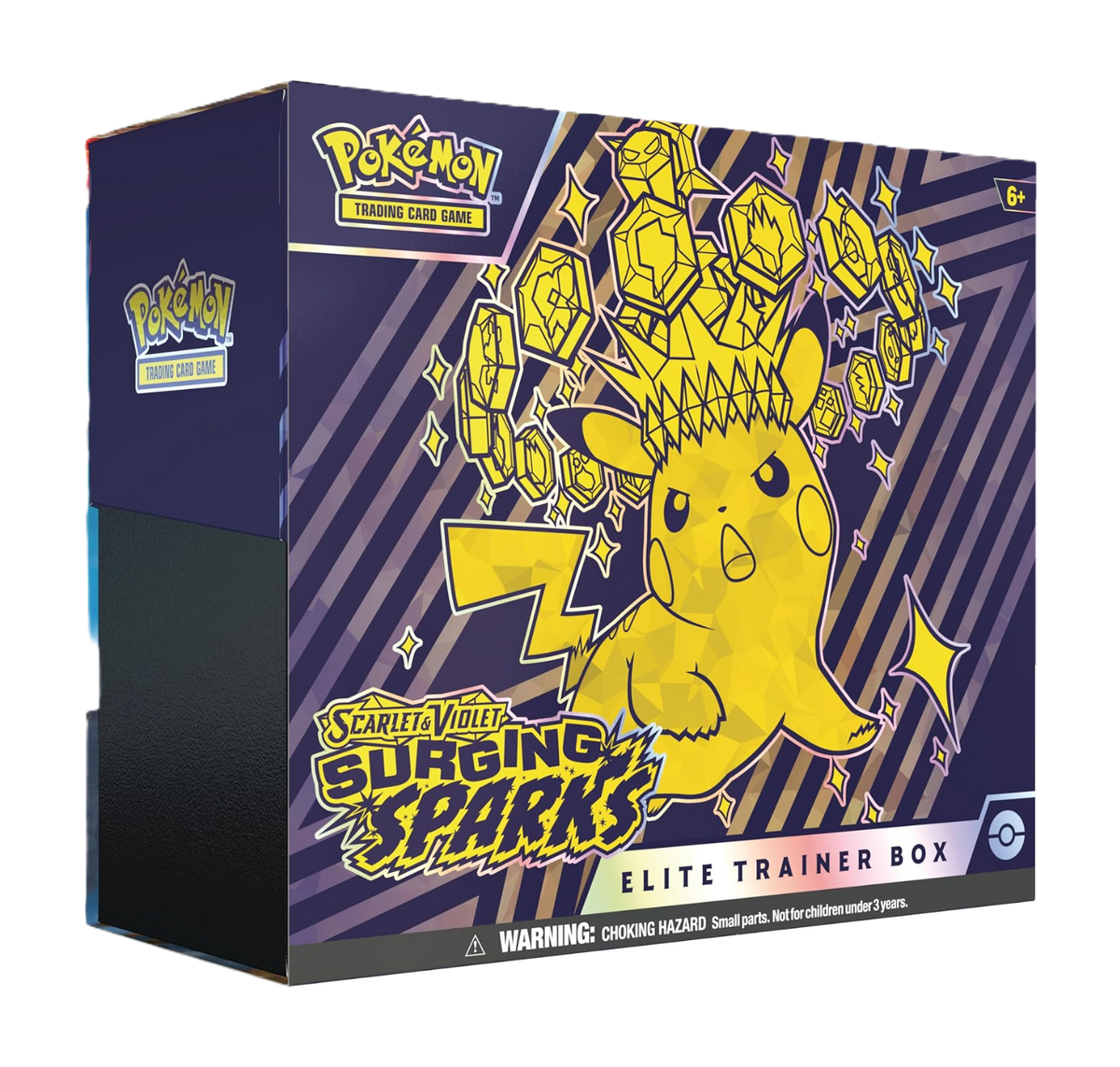 Pokémon trading card game box with Pikachu design on a purple and yellow background