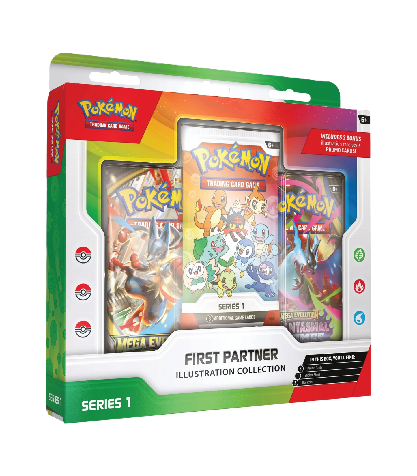Pokémon trading card game packaging with illustrations and promotional text.