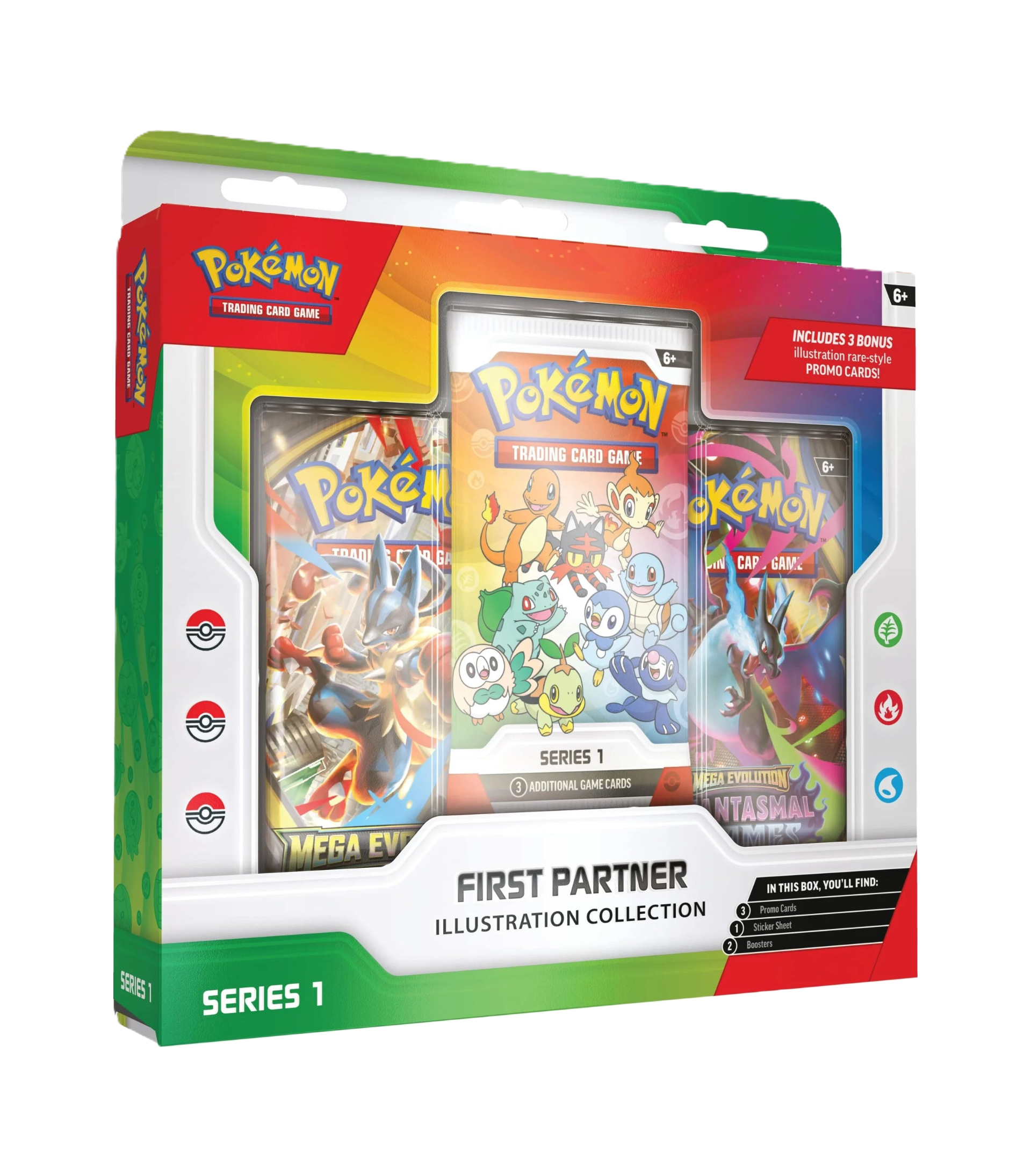 Pokémon trading card game packaging with illustrations and promotional text.