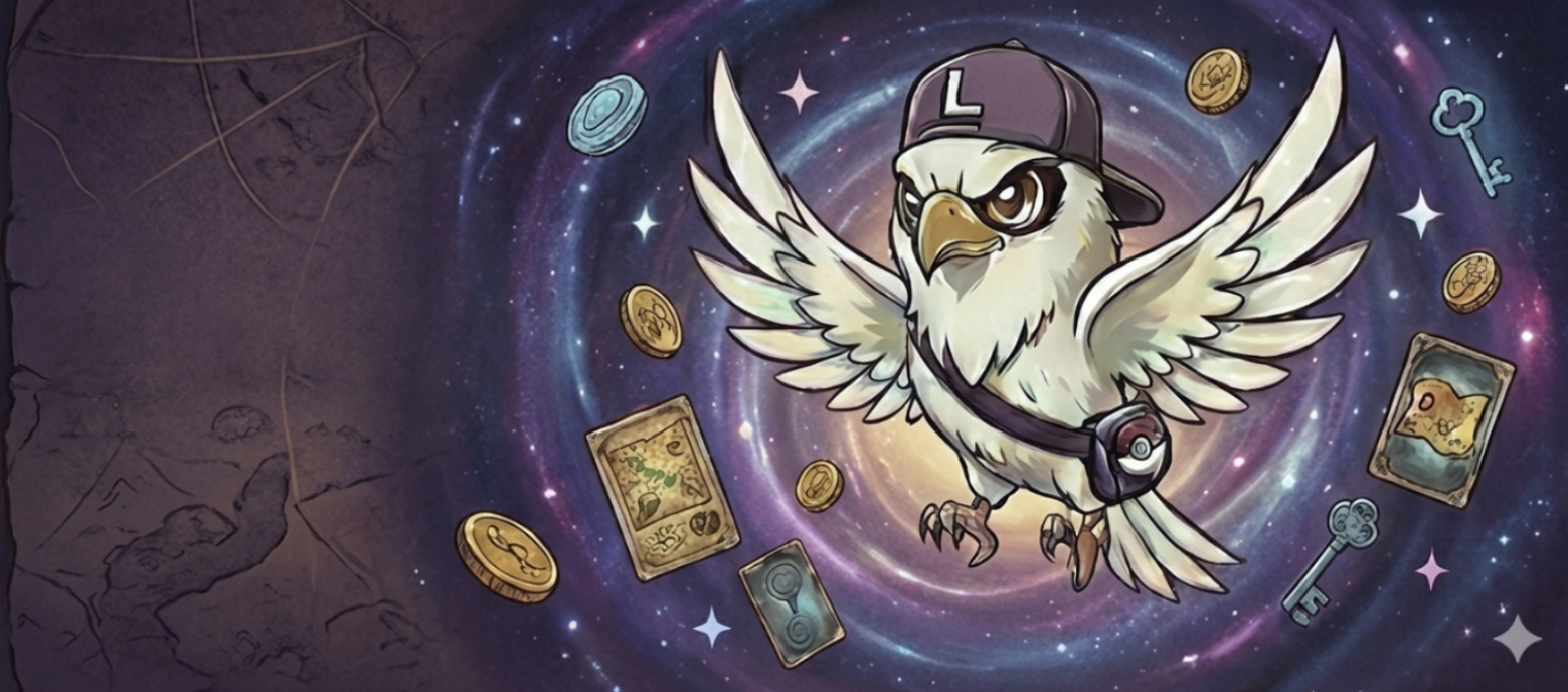 Cartoon owl wearing a cap with a 'L' logo, surrounded by mystical symbols and coins on a dark background.