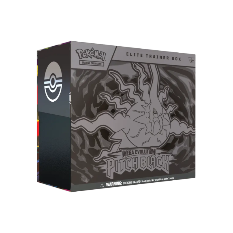 Pokémon Elite Trainer Box packaging with Mega Evolution Pitch Black design on a white background
