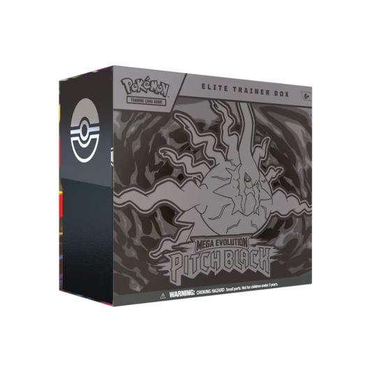 Pokémon Elite Trainer Box packaging with Mega Evolution Pitch Black design on a white background