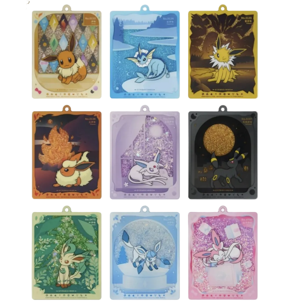 A 3x3 grid of nine card display charms featuring different Eevee illustrations and designs, labeled '1pc Card Display Charm' and 'Regular' on a plain white background.