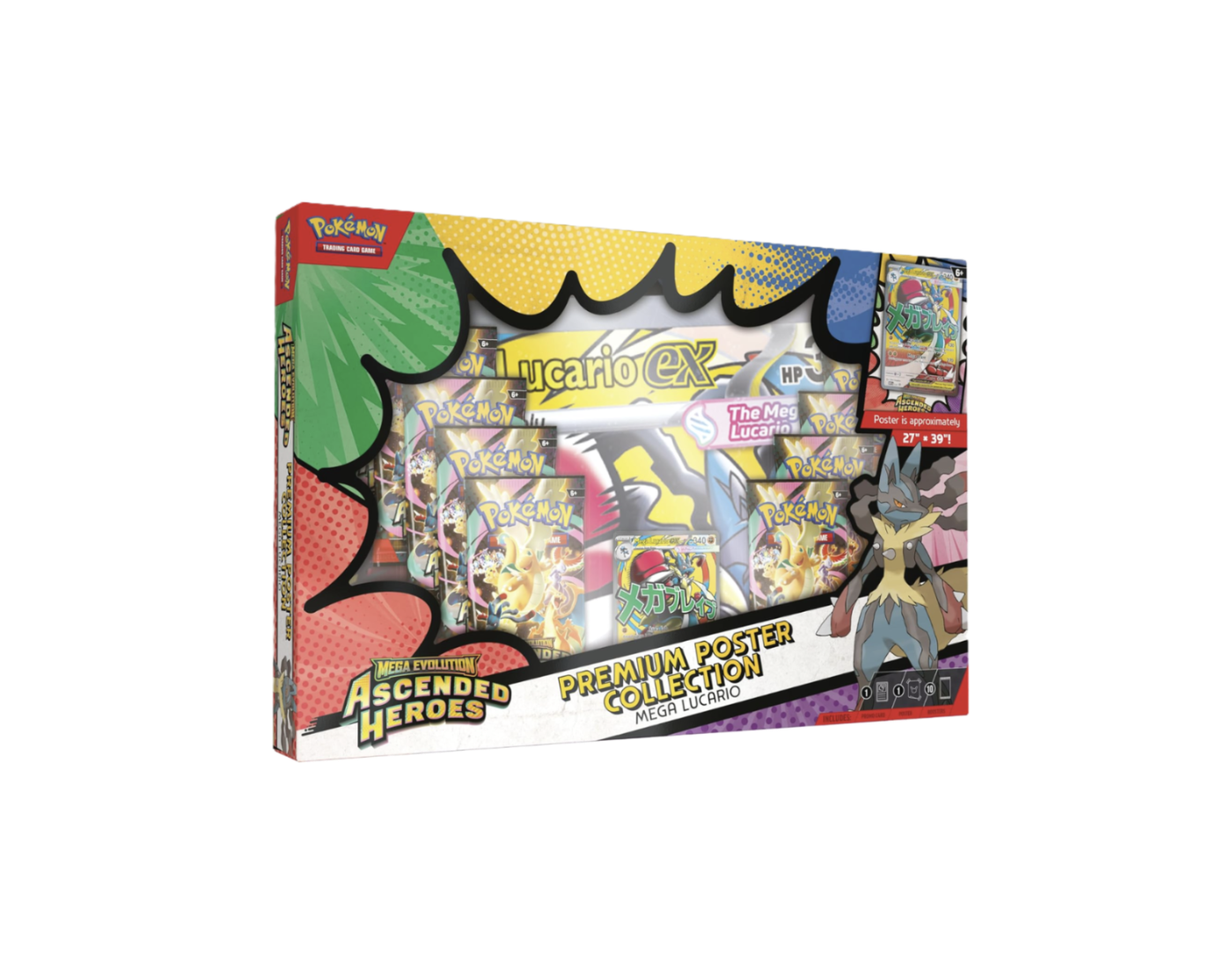 Pokémon trading card game box featuring Mega Lucario ex with colorful design