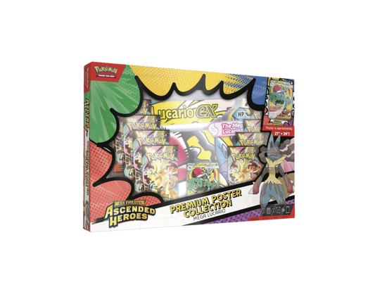 Pokémon trading card game box featuring Mega Lucario ex with colorful design