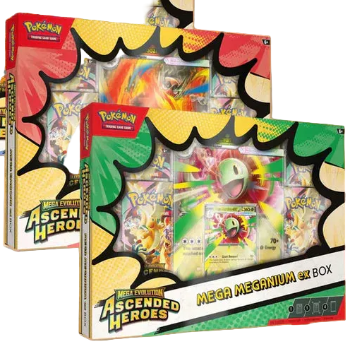 Pokémon trading card game boxes with colorful designs on a white background
