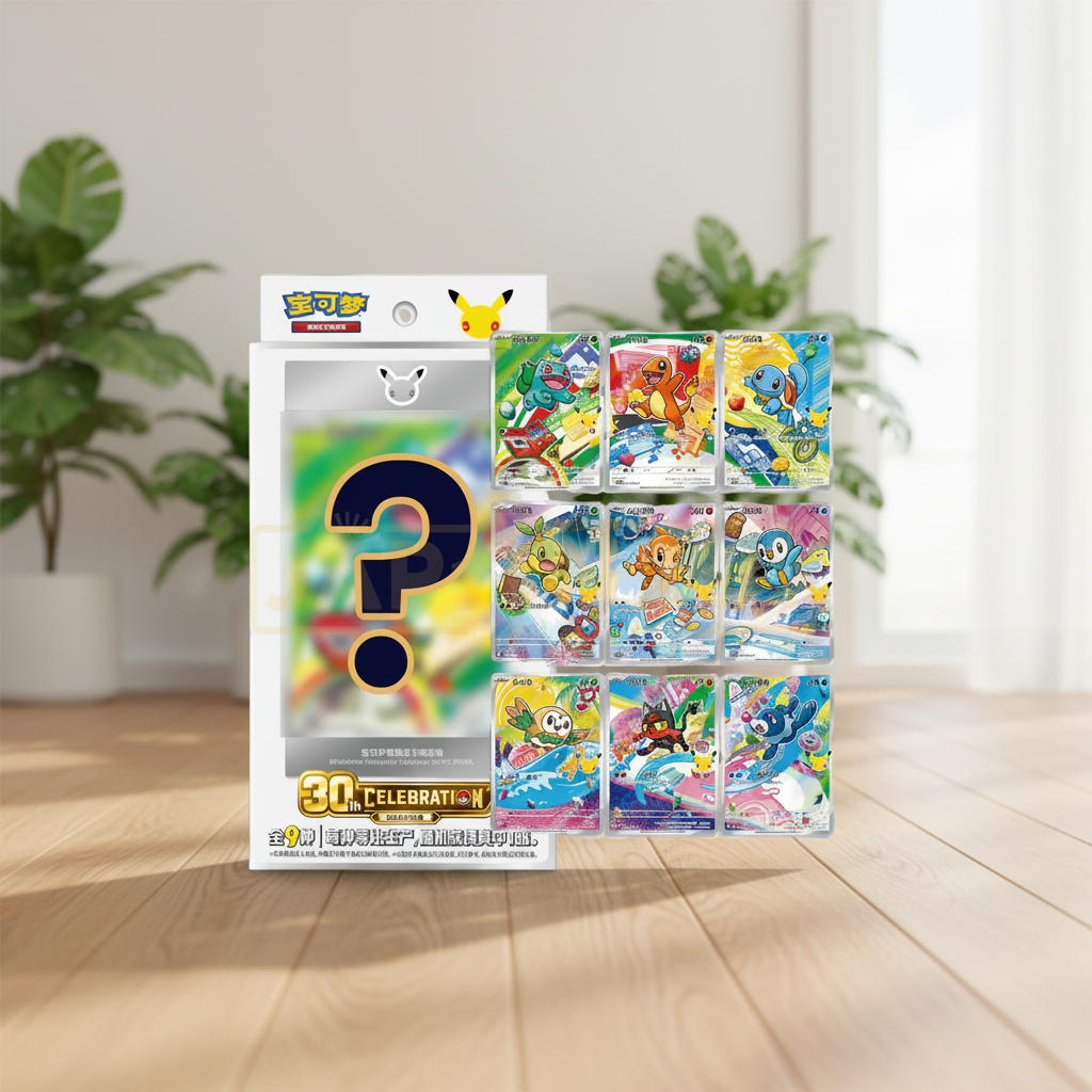 Pokémon trading card game packs with colorful cards and a question mark symbol on a white background