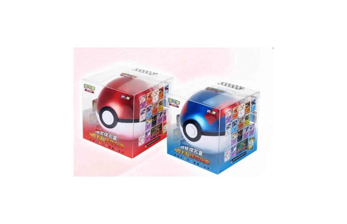 Two transparent boxes with red and blue spherical designs, resembling Poké Ball, on a light pink background.