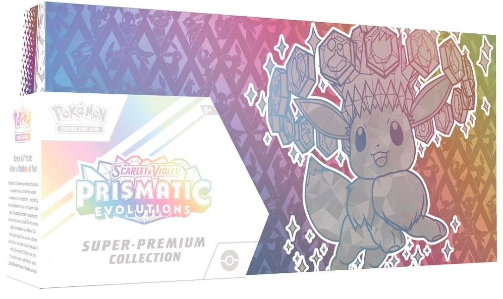 Pokémon Prismatic Evolutions Super-Premium Collection box set, featuring a colorful rainbow gradient background with a gray line-art illustration of Eevee on the right, and the white branded collection box on the left.